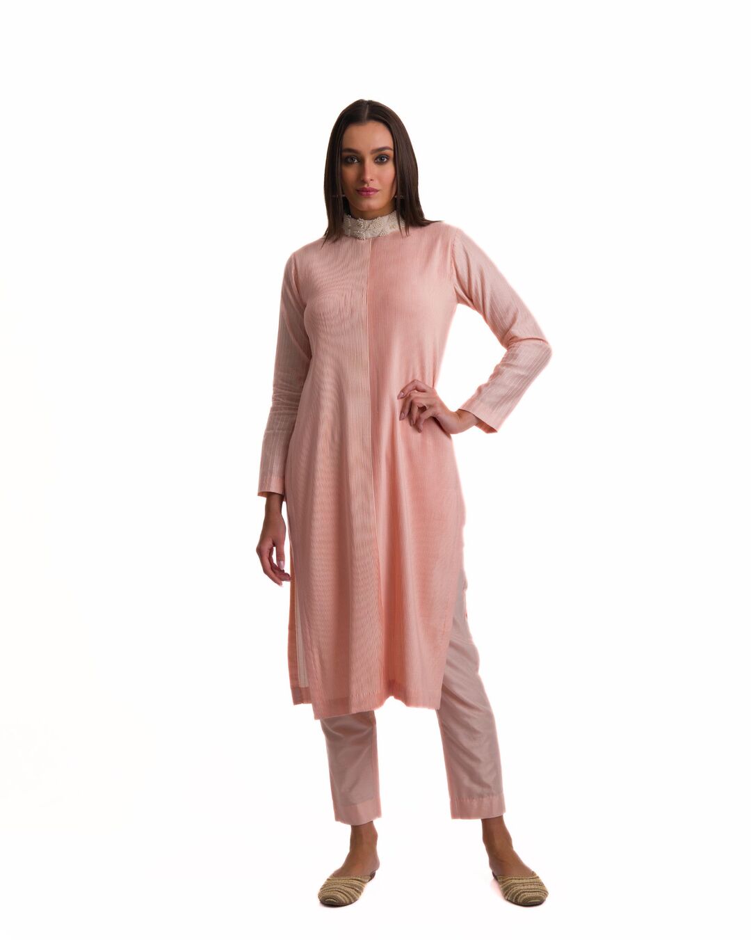 BLUSH PINK HANDCRAFTED TEXTURED PINTUCKED PEARL POLO KURTA SET