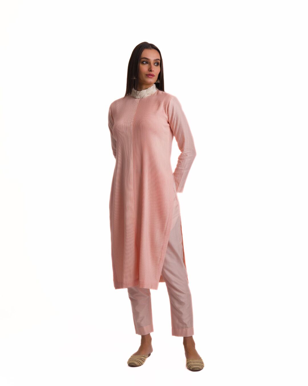 BLUSH PINK HANDCRAFTED TEXTURED PINTUCKED PEARL POLO KURTA SET