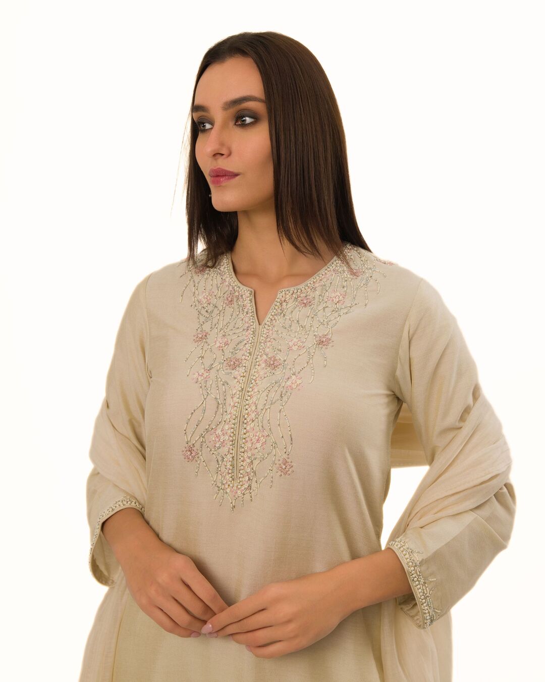 ECRU IVORY INTRICATE HAND EMBROIDERED KURTA SET