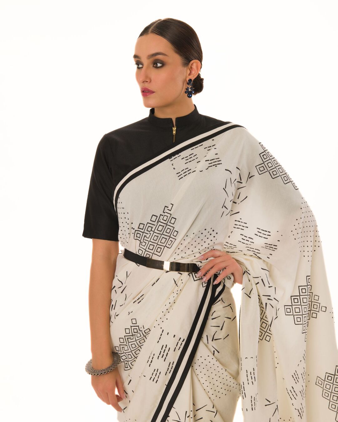 HAND STAMPED PRINTED SAREE WITH HAND CRAFTED STRIPED BORDER PAIRED WITH HI-NECK BLOUSE