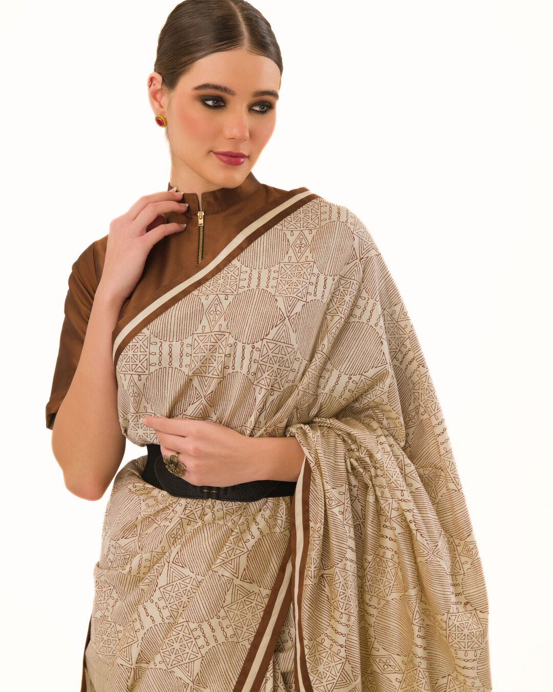 HAND BLOCKED PRINTED SAREE WITH ARTISANAL STRIPED BORDER PAIRED WITH HI-NECK BLOUSE