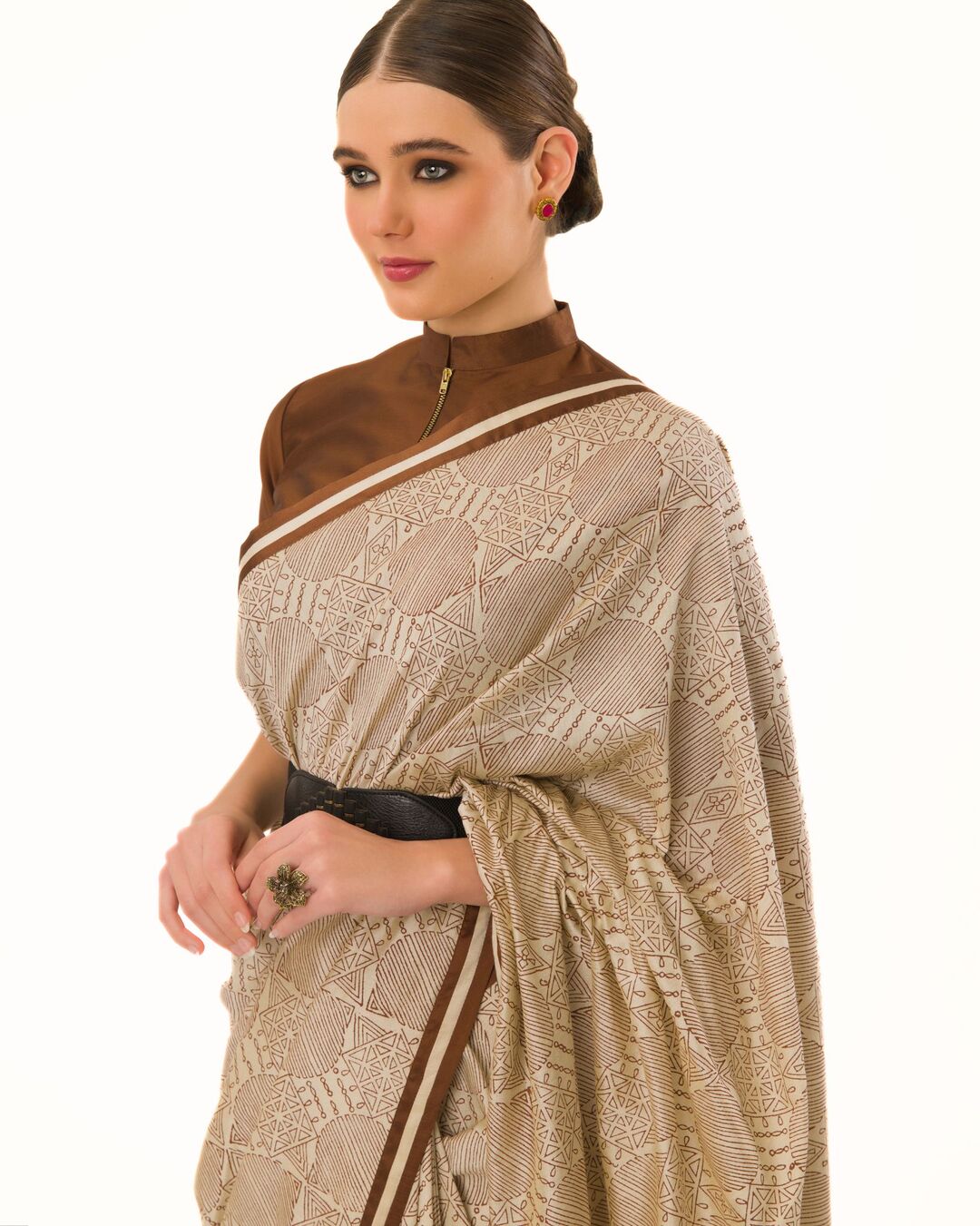 HAND BLOCKED PRINTED SAREE WITH ARTISANAL STRIPED BORDER PAIRED WITH HI-NECK BLOUSE