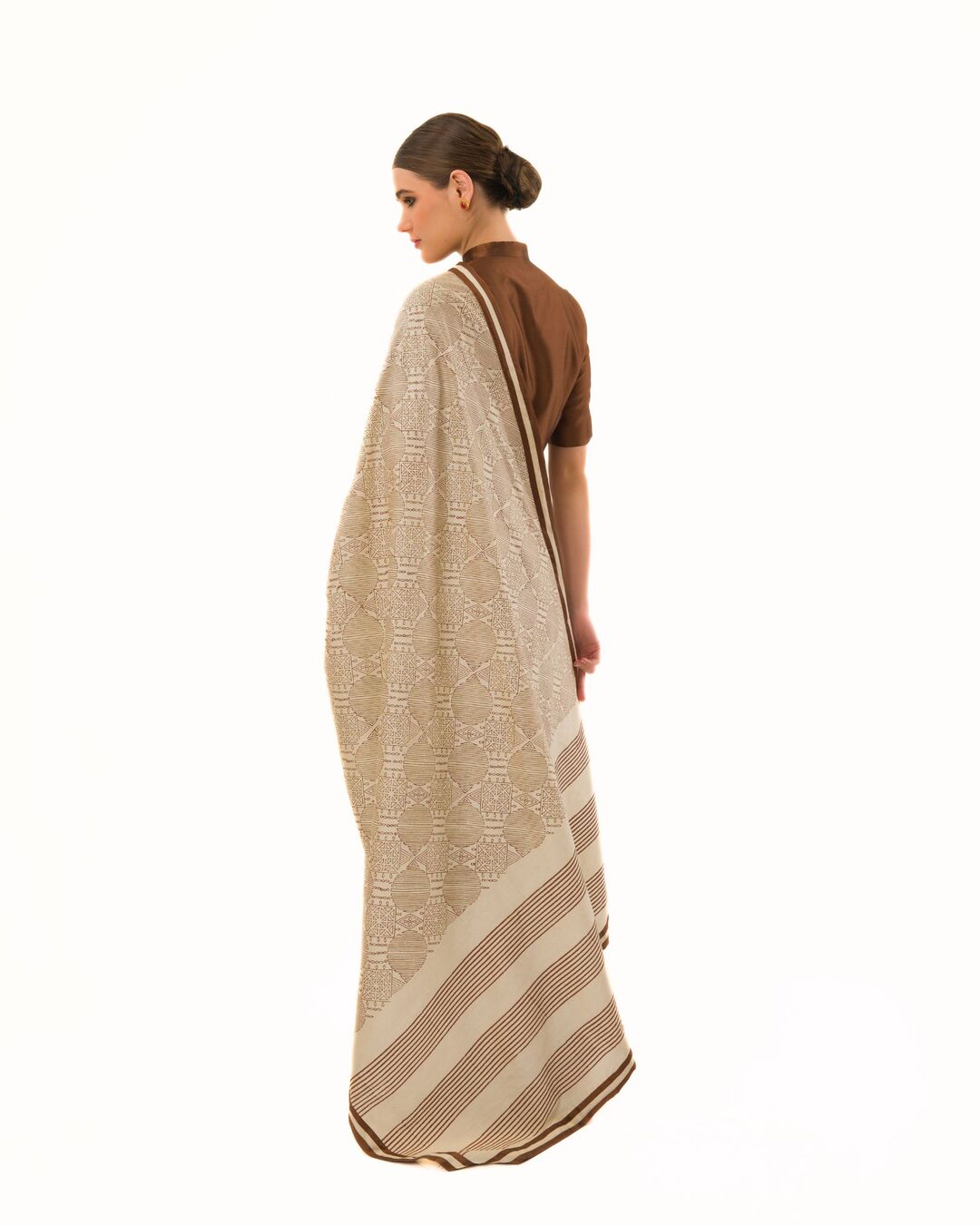 HAND BLOCKED PRINTED SAREE WITH ARTISANAL STRIPED BORDER PAIRED WITH HI-NECK BLOUSE