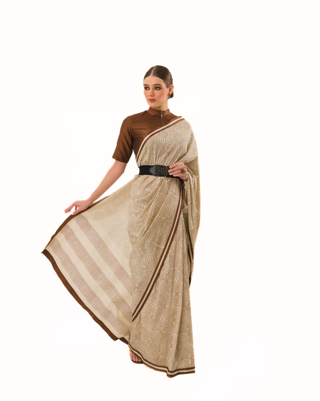 HAND BLOCKED PRINTED SAREE WITH ARTISANAL STRIPED BORDER PAIRED WITH HI-NECK BLOUSE