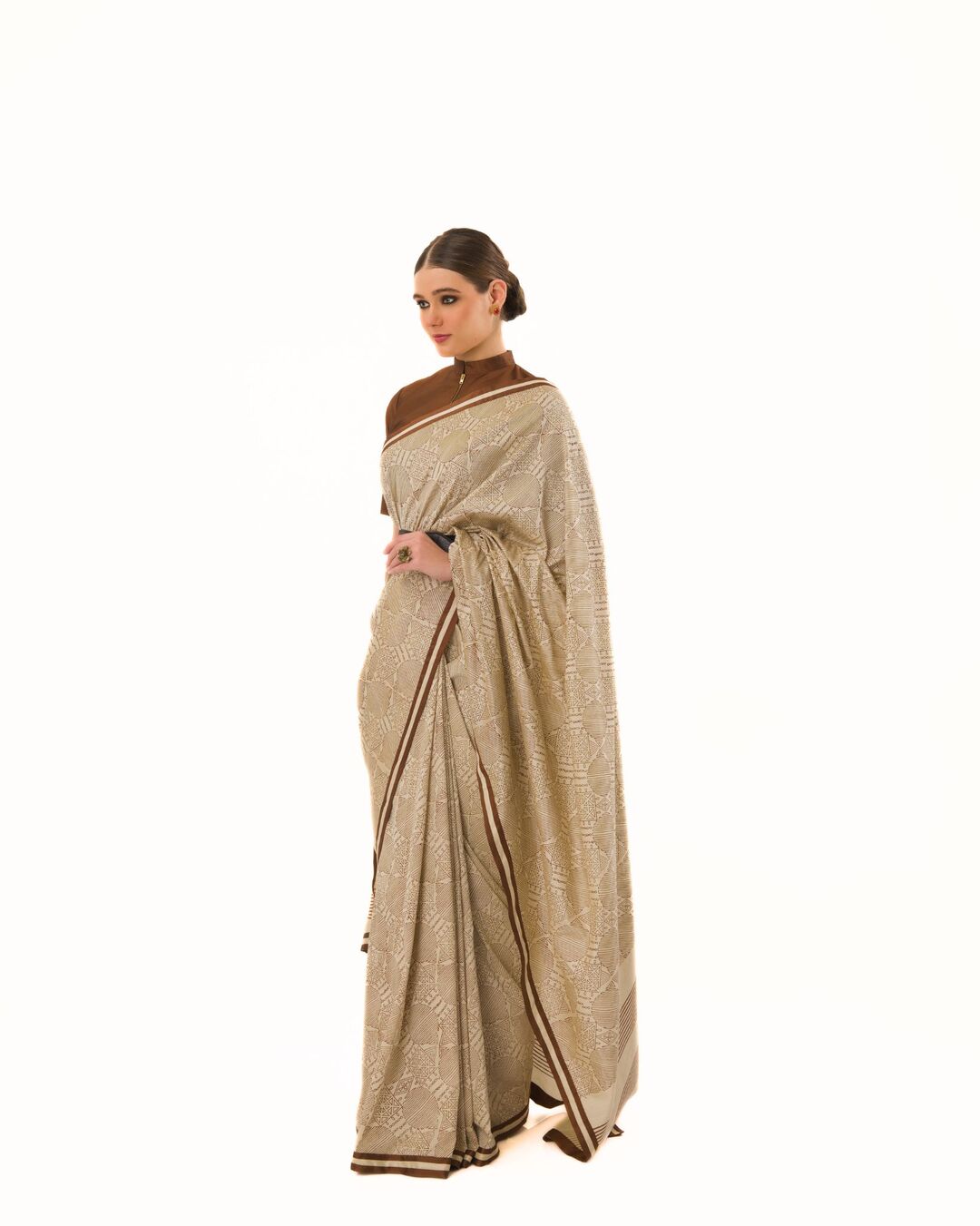 HAND BLOCKED PRINTED SAREE WITH ARTISANAL STRIPED BORDER PAIRED WITH HI-NECK BLOUSE