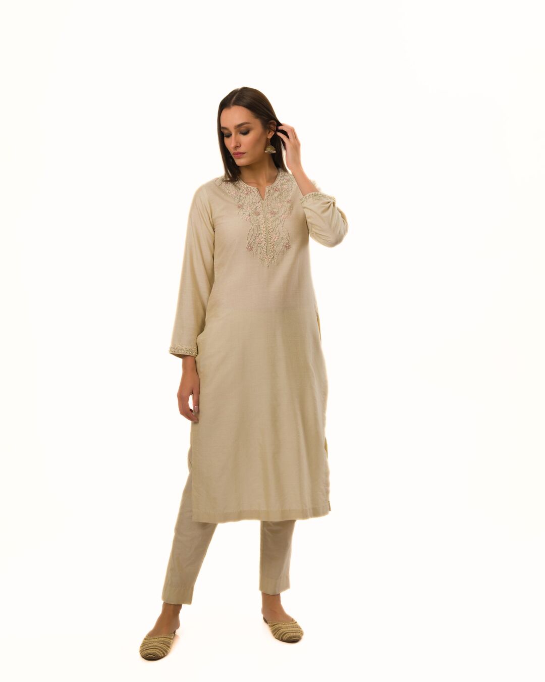 ECRU INTRICATE HAND EMBROIDERED KURTA SET