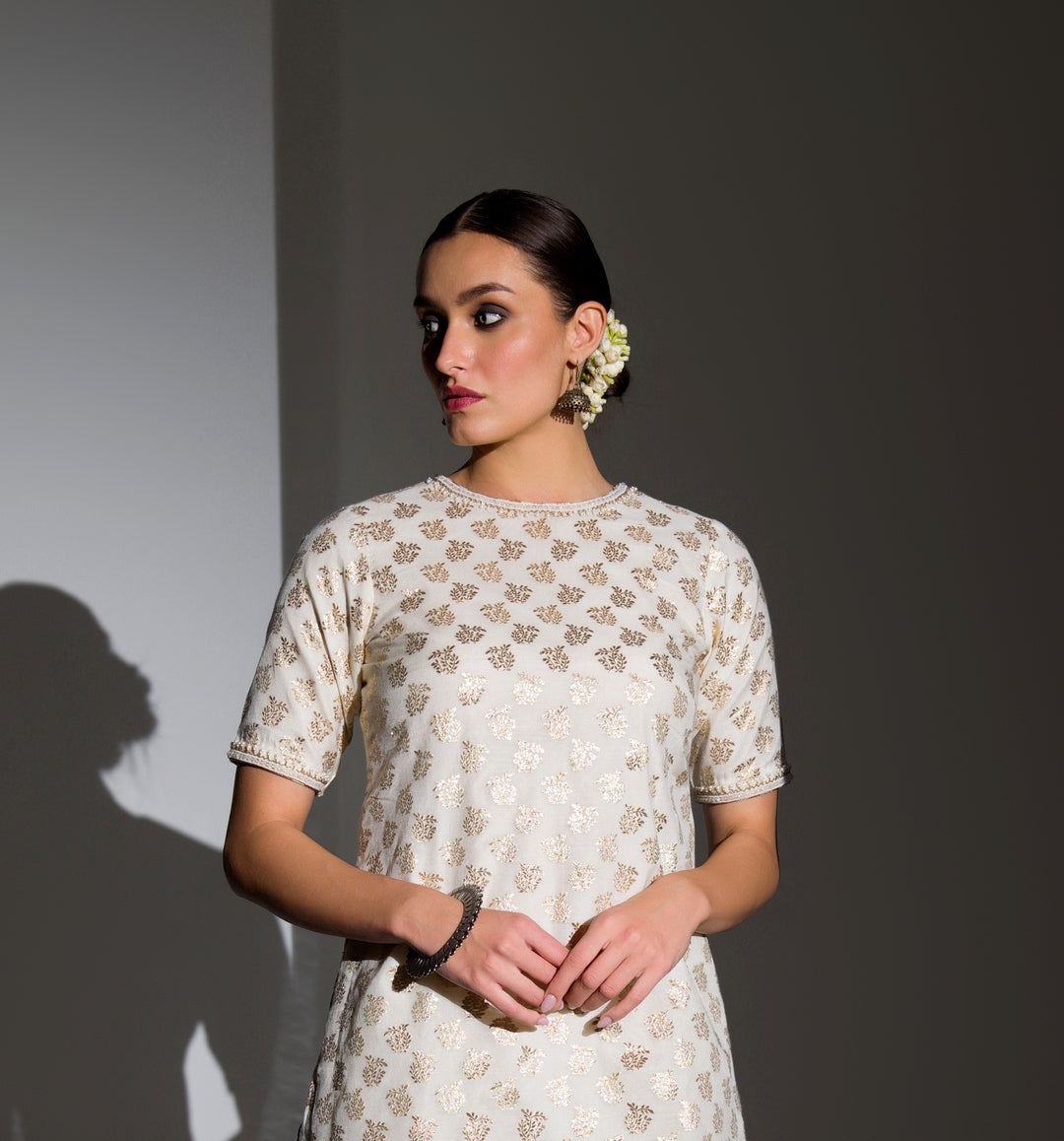 IVORY AND GOLD EMBELLISHED KURTA SHARARA SET