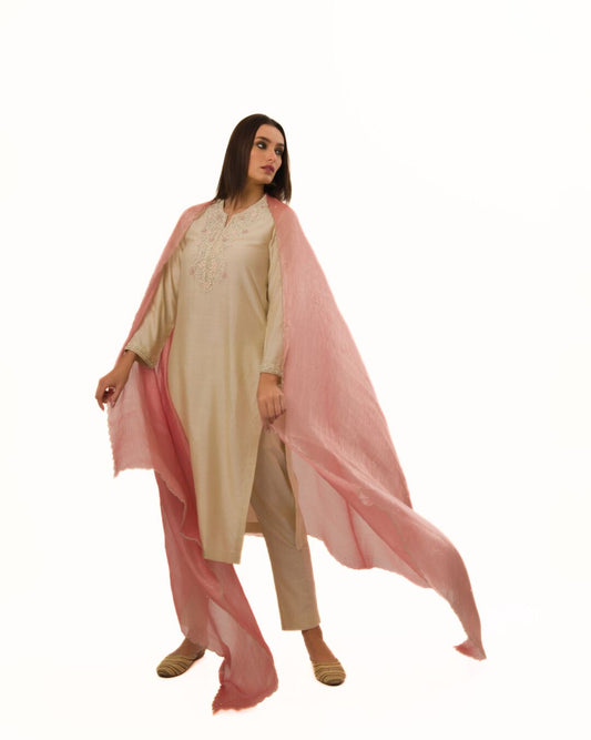 ECRU INTRICATE HAND EMBROIDERED KURTA SET