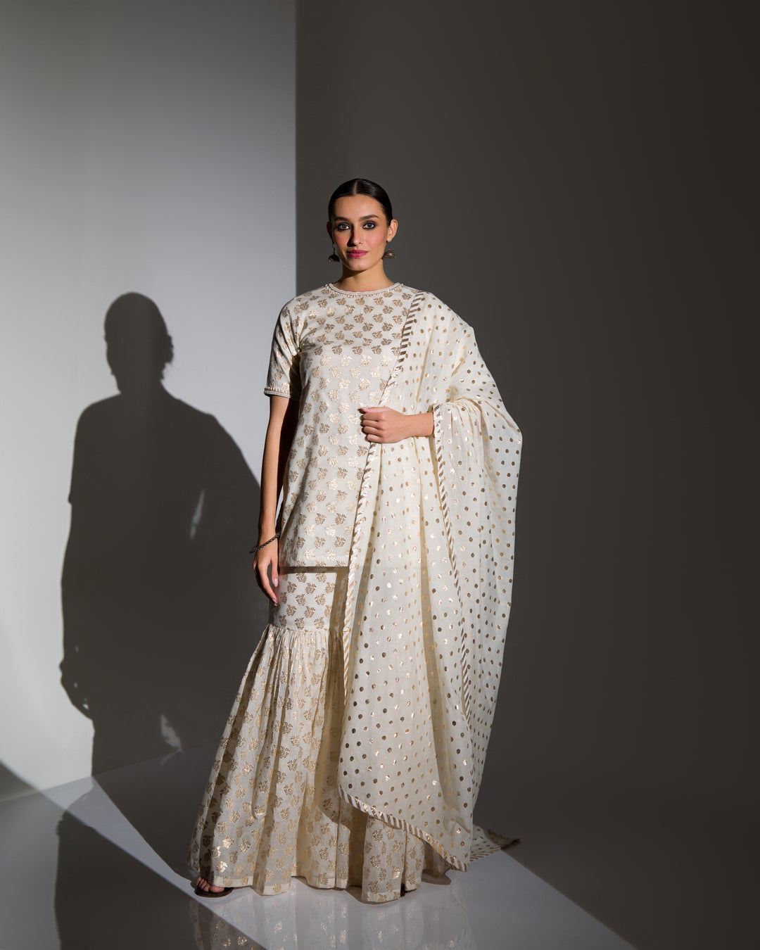 IVORY AND GOLD EMBELLISHED KURTA SHARARA SET