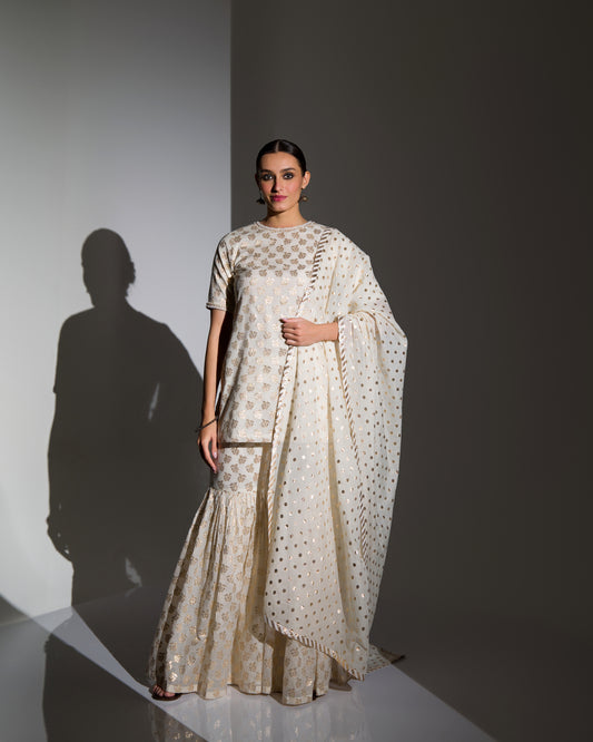 IVORY AND GOLD EMBELLISHED KURTA SHARARA SET