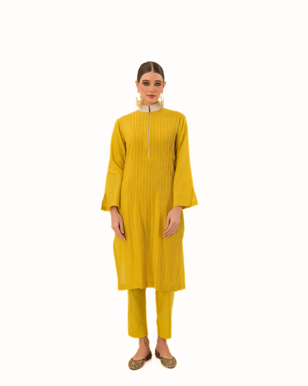 SUNFLOWER HAND CRAFTED PINTUCKED TEXTURE PEARL POLO KURTA SET