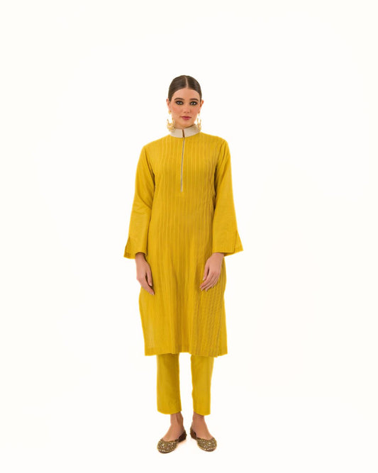 SUNFLOWER HAND CRAFTED PINTUCKED TEXTURE PEARL POLO KURTA SET