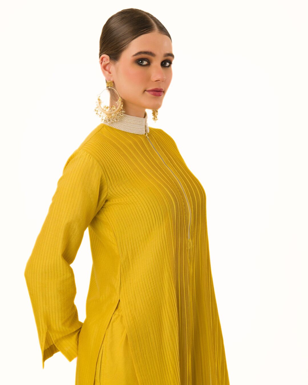 SUNFLOWER HAND CRAFTED PINTUCKED TEXTURE PEARL POLO KURTA SET