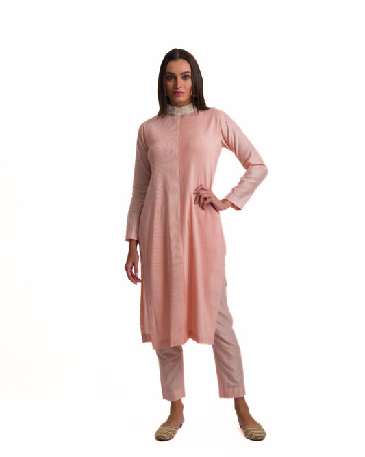 BLUSH PINK HANDCRAFTED TEXTURED PINTUCKED PEARL POLO KURTA SET
