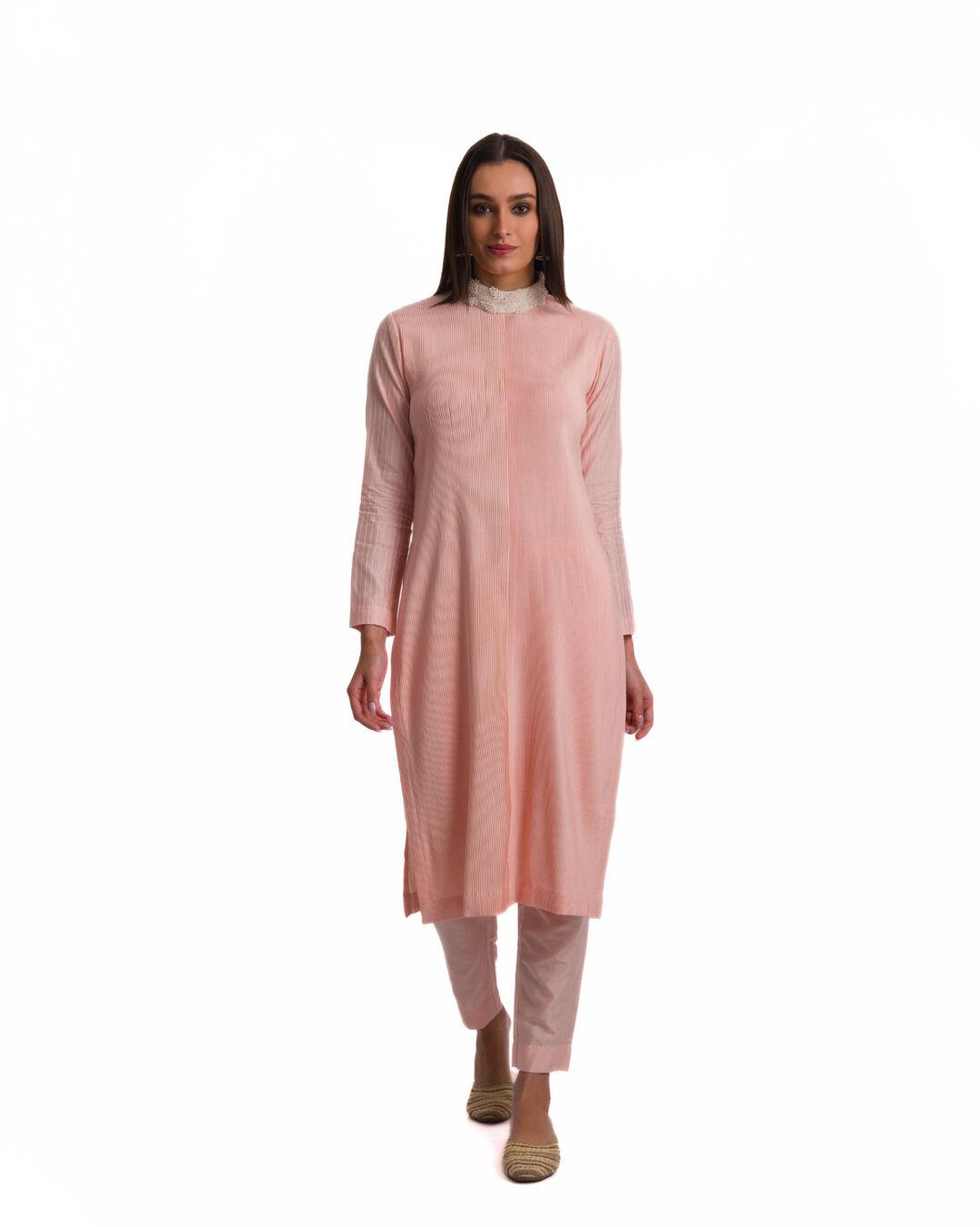 BLUSH PINK HANDCRAFTED TEXTURED PINTUCKED PEARL POLO KURTA SET