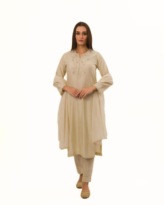 ECRU IVORY INTRICATE HAND EMBROIDERED  KURTA SET