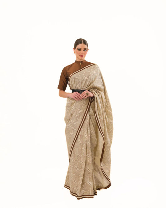 HAND BLOCKED PRINTED SAREE WITH ARTISANAL STRIPED BORDER PAIRED WITH HI-NECK BLOUSE
