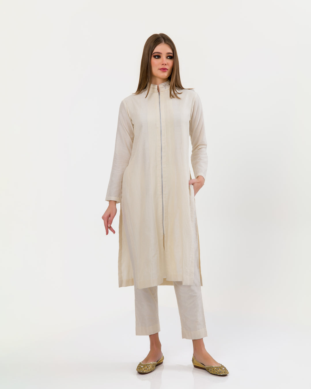 SNOW WHITE PEARL POLO PINTUCKS KURTA SET