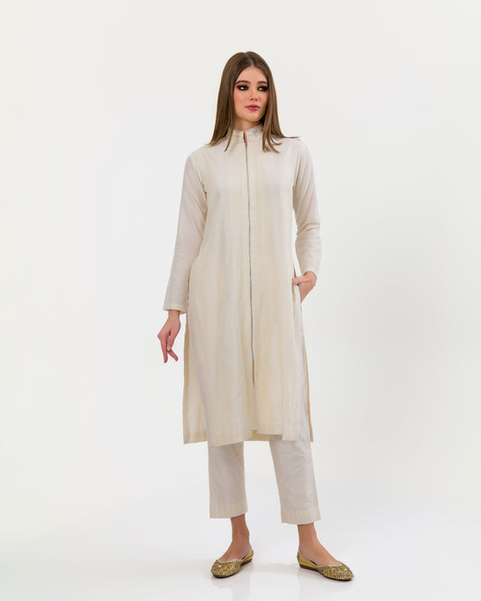 SNOW WHITE PEARL POLO PINTUCKS KURTA SET