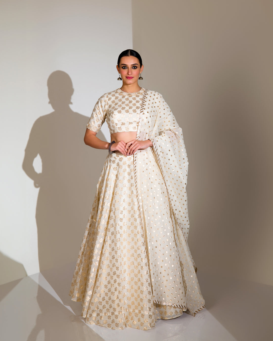 SHIMMERY IVORY & GOLD GRACEFUL EMBROIDERED LEHENGA SET