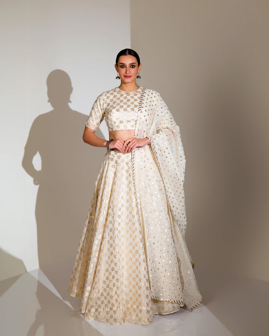 SHIMMERY IVORY & GOLD GRACEFUL EMBROIDERED LEHENGA SET
