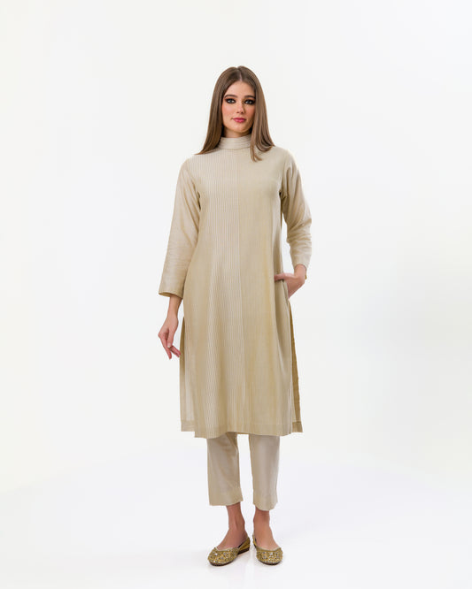 EXQUISITE BEIGE PINTUCKS PEARL POLO KURTA SET