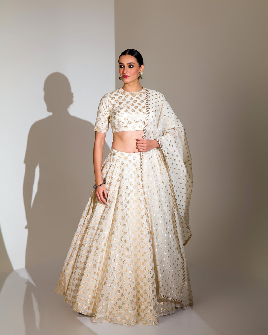 SHIMMERY IVORY & GOLD GRACEFUL EMBROIDERED LEHENGA SET