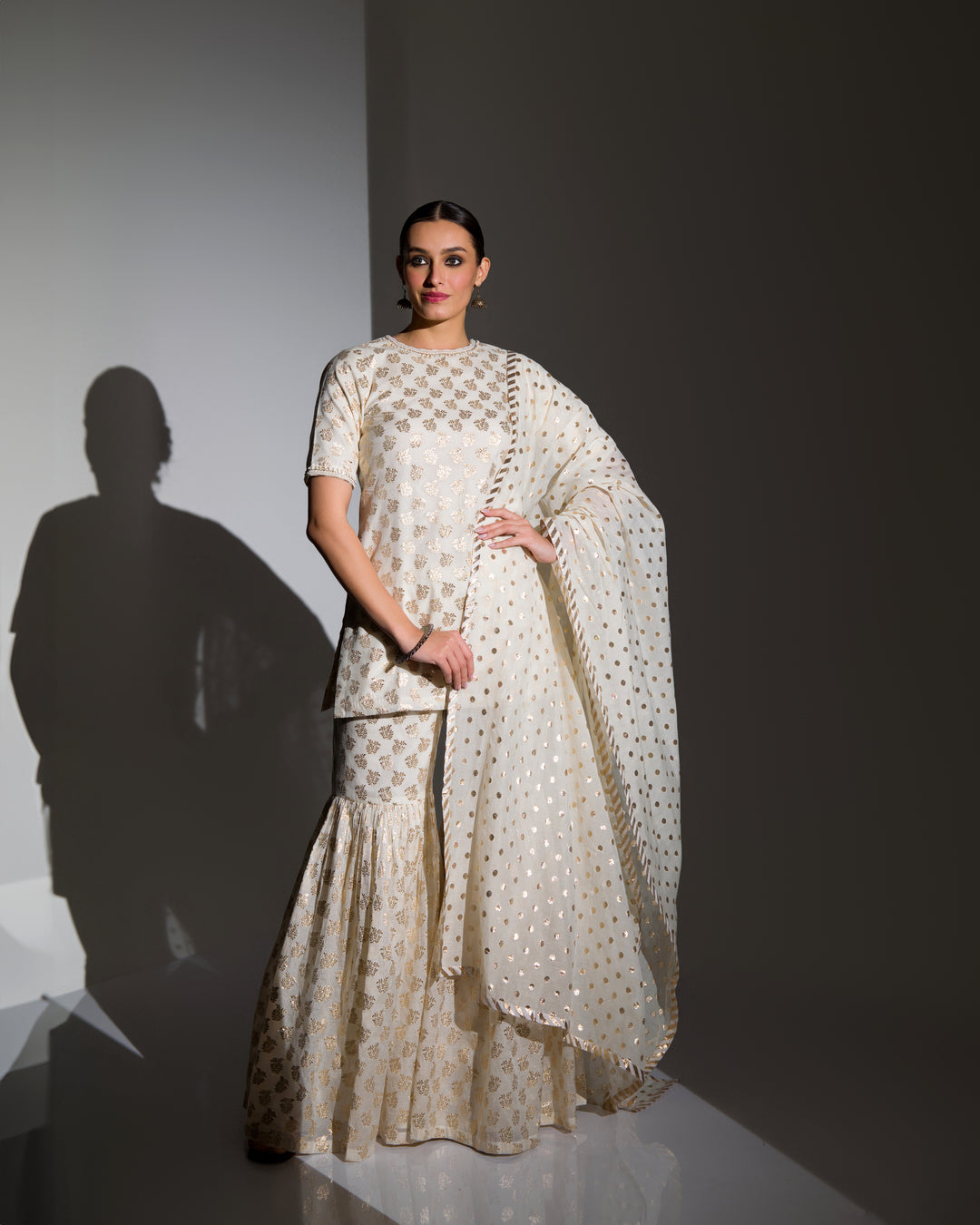 IVORY AND GOLD EMBELLISHED KURTA SHARARA SET