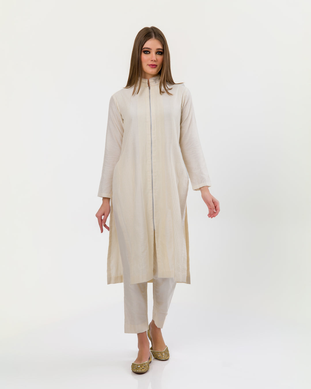 SNOW WHITE PEARL POLO PINTUCKS KURTA SET