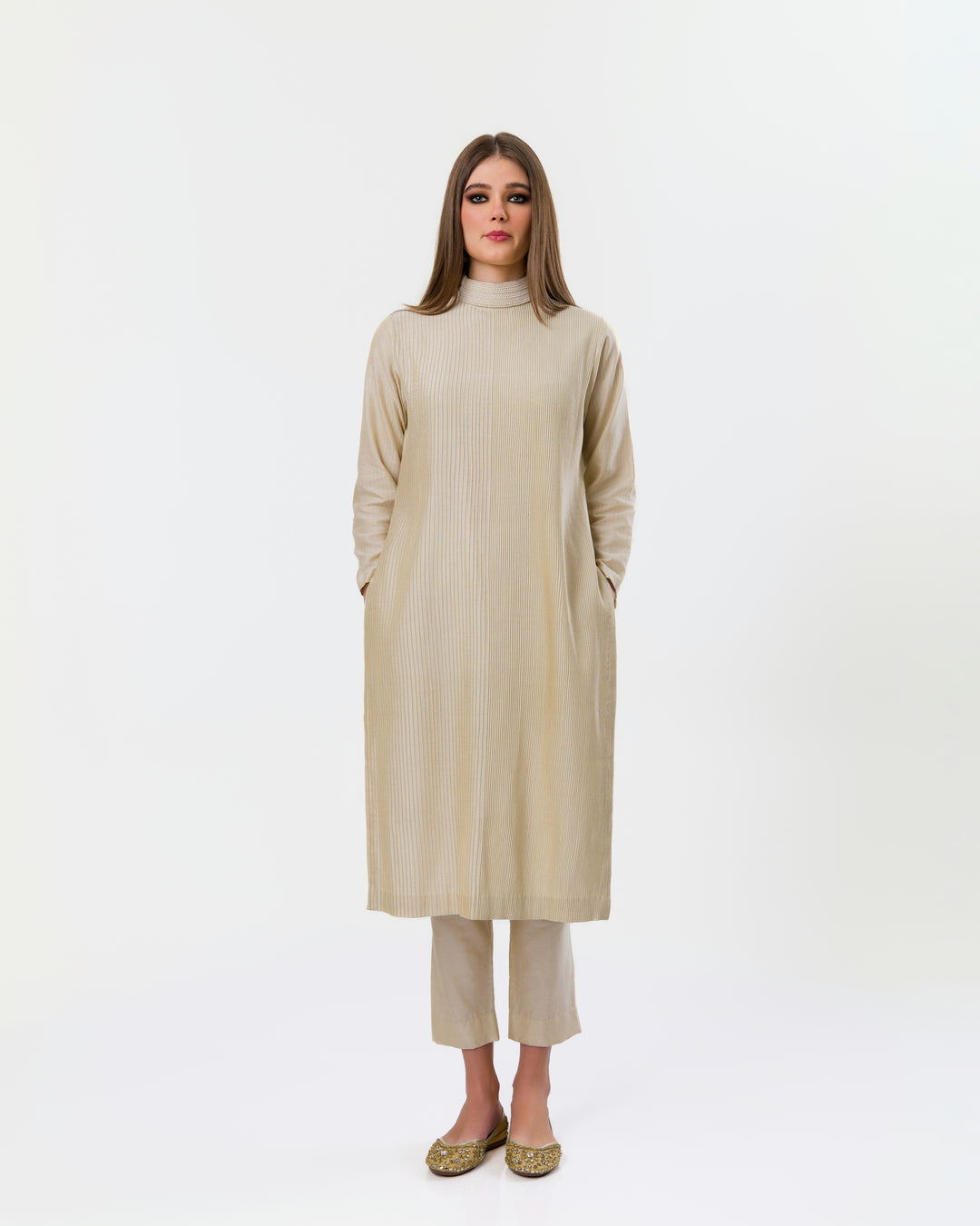 EXQUISITE BEIGE PINTUCKS PEARL POLO KURTA SET