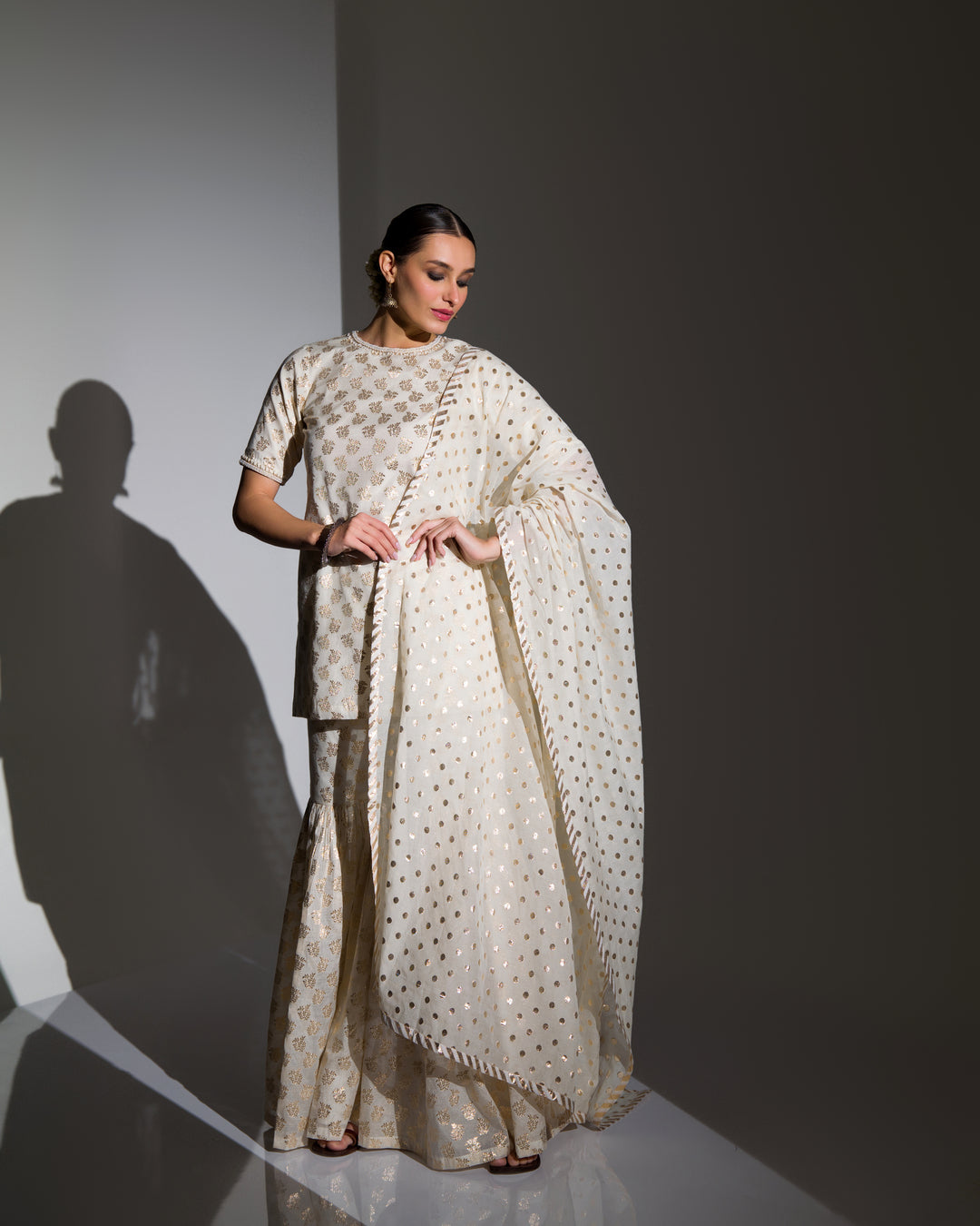 IVORY AND GOLD EMBELLISHED KURTA SHARARA SET