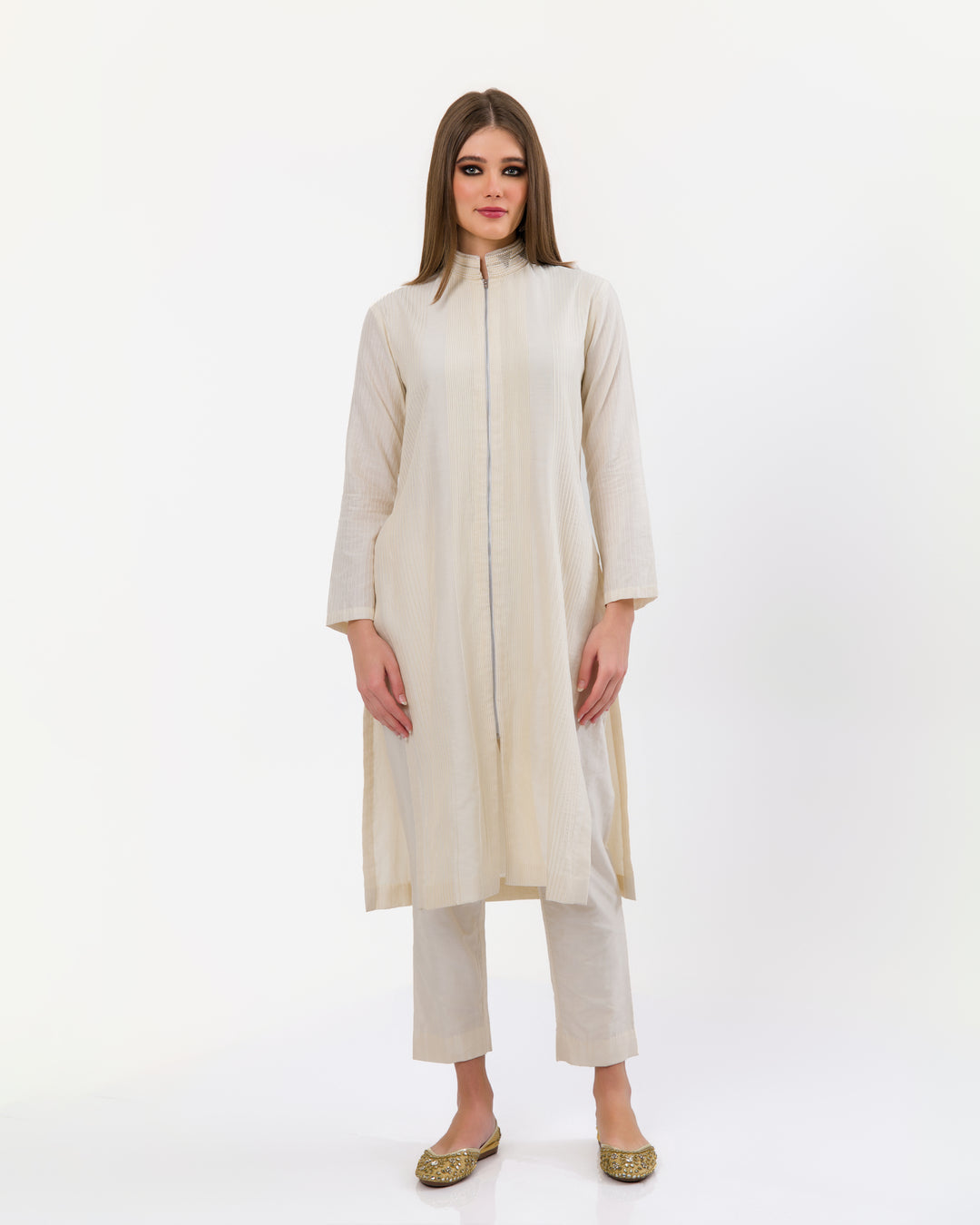 SNOW WHITE PEARL POLO PINTUCKS KURTA SET