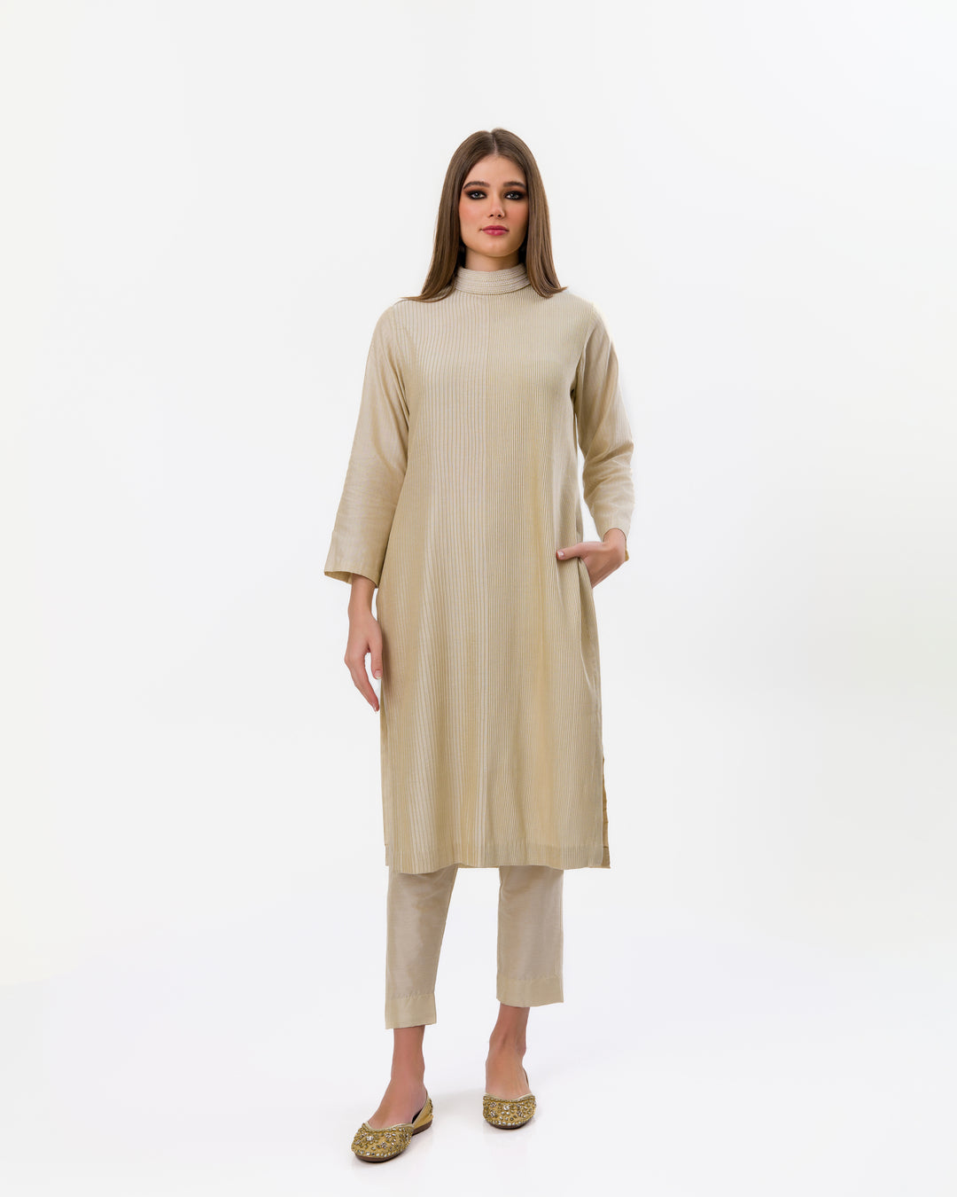EXQUISITE BEIGE PINTUCKS PEARL POLO KURTA SET