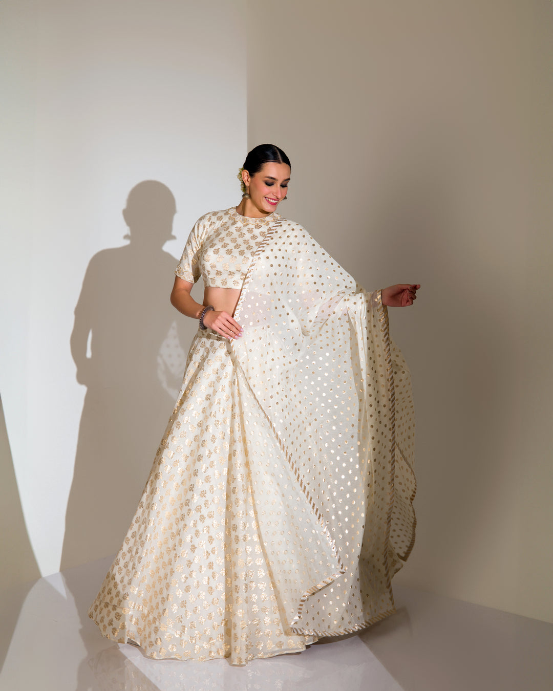 SHIMMERY IVORY & GOLD GRACEFUL EMBROIDERED LEHENGA SET