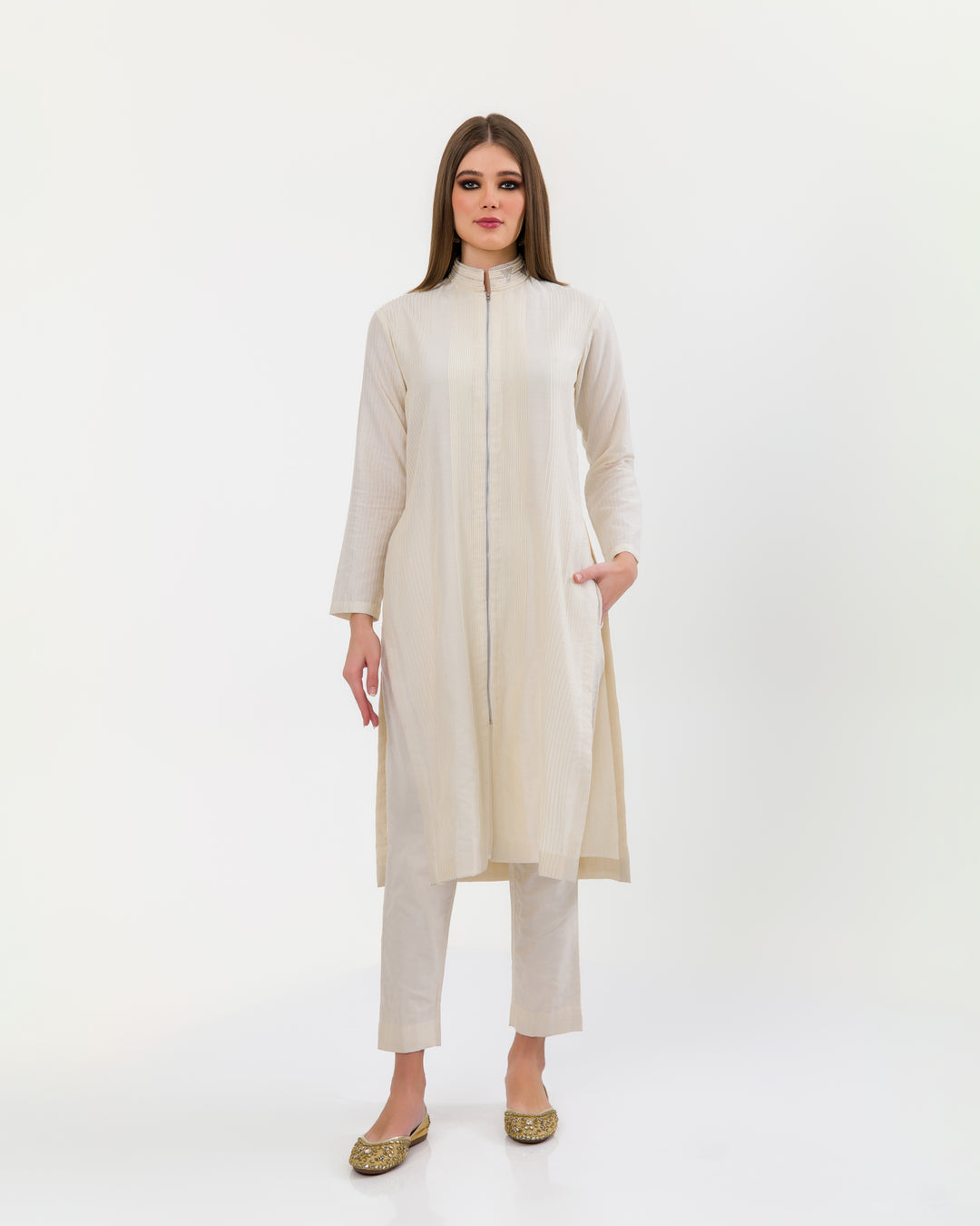SNOW WHITE PEARL POLO PINTUCKS KURTA SET
