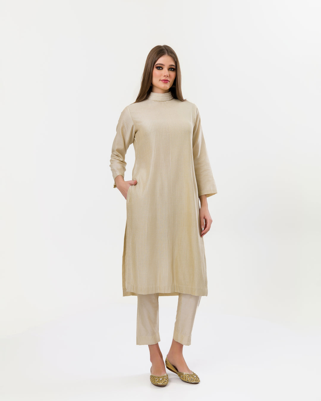 EXQUISITE BEIGE PINTUCKS PEARL POLO KURTA SET