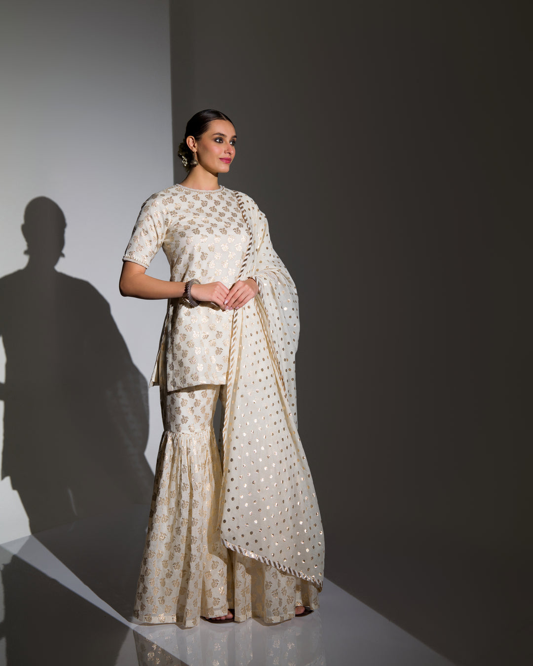 IVORY AND GOLD EMBELLISHED KURTA SHARARA SET