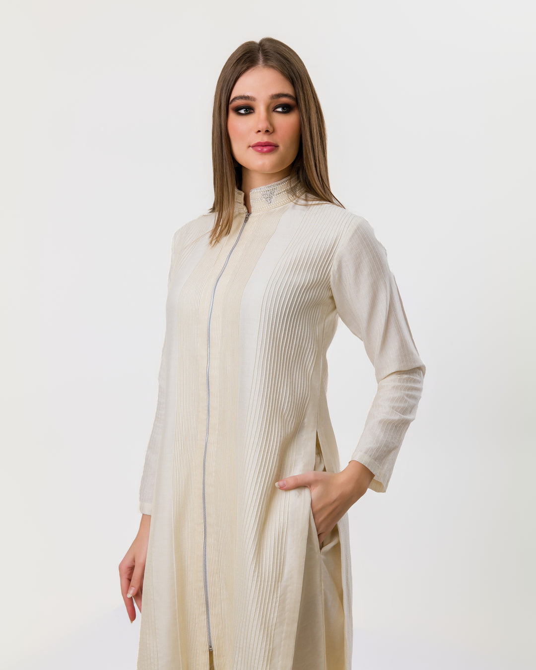 SNOW WHITE PEARL POLO PINTUCKS KURTA SET