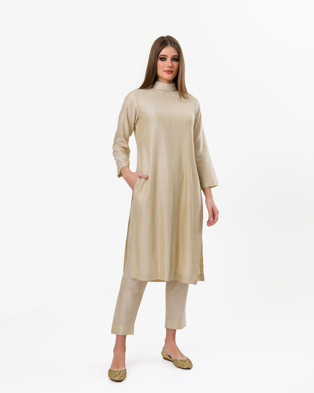 EXQUISITE BEIGE PINTUCKS PEARL POLO KURTA SET