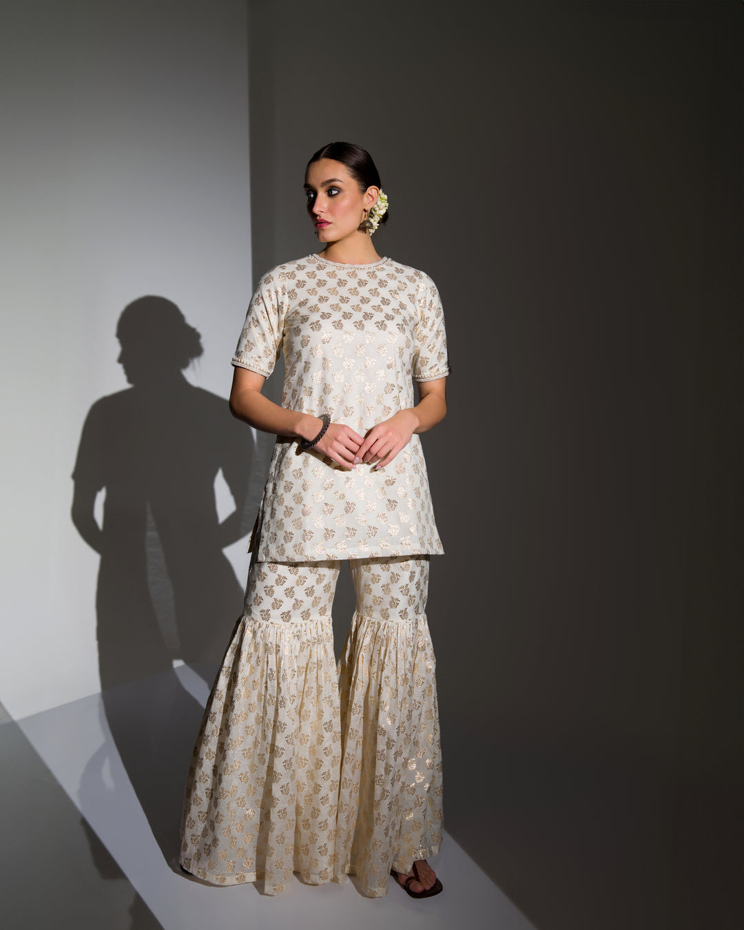 IVORY AND GOLD EMBELLISHED KURTA SHARARA SET