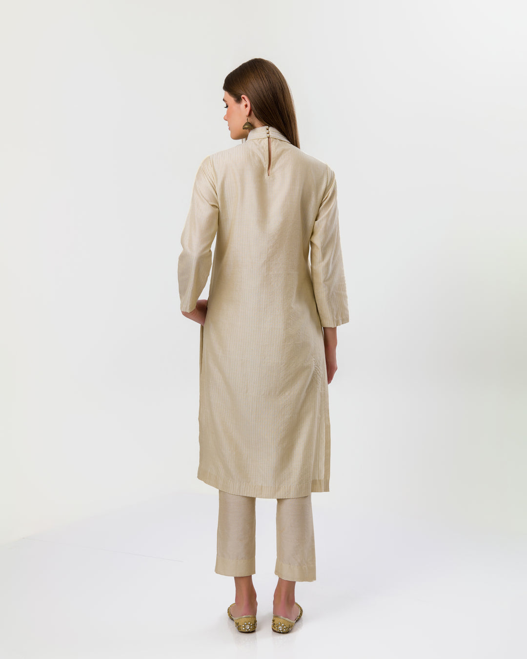 EXQUISITE BEIGE PINTUCKS PEARL POLO KURTA SET